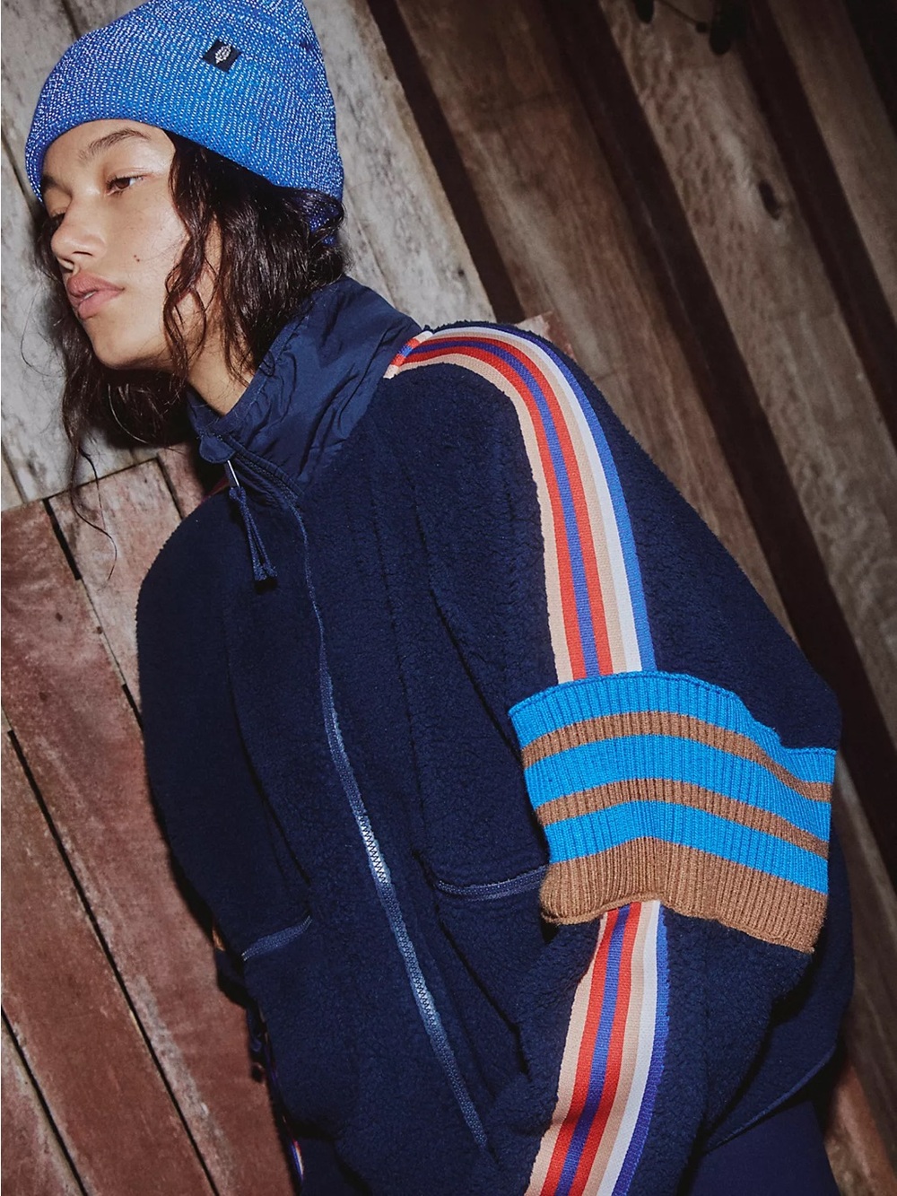 Free People Mountain High Sporty Buti Logo Fleece Sporty Jacket Navy Sherpa S - Picture 4 of 9